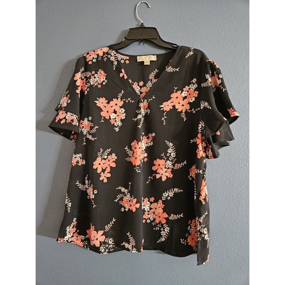 Michael Kors Womens XL Black‎ Floral Blouse Short Flutter Sleeve V-Neck